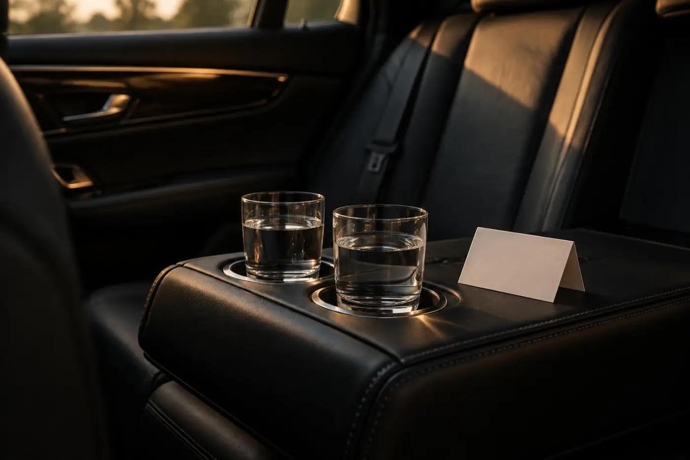 Deux verres d'eau et une carte posés sur l'accoudoir arrière d'une berline