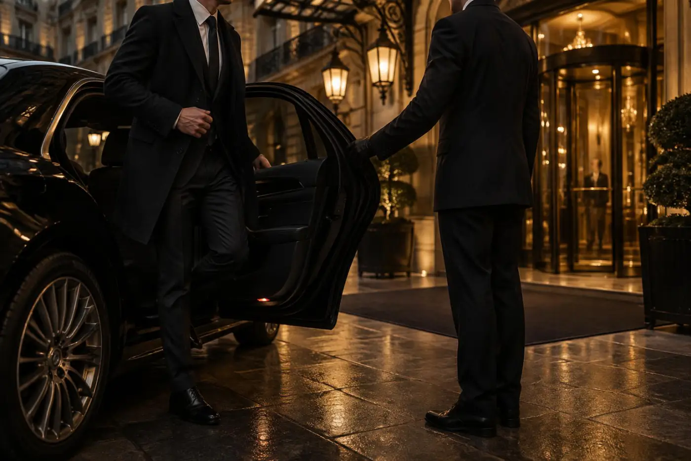 Un chauffeur tient la portière à un passager devant l'entrée d'un hôtel parisien