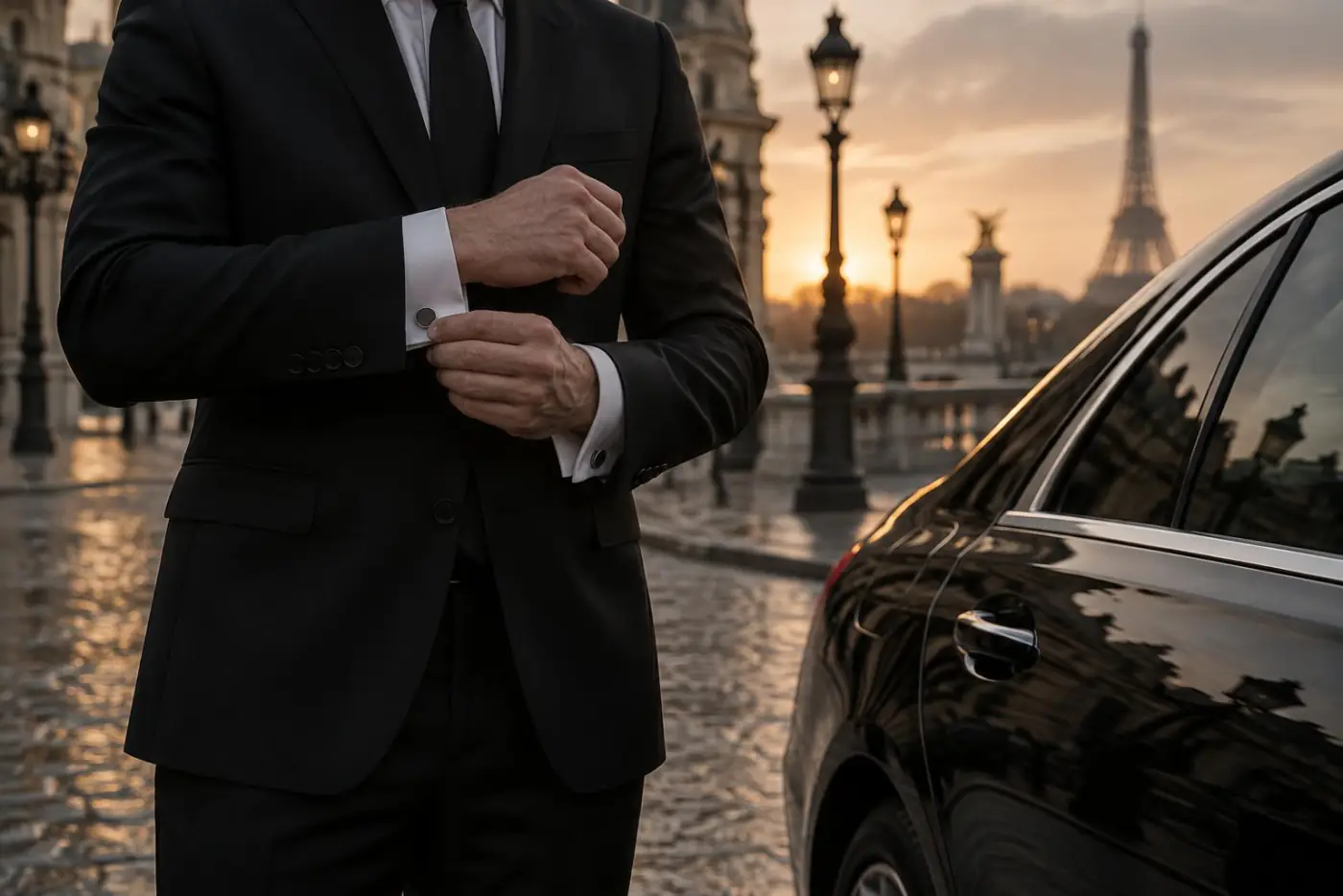 A chauffeur in a dark suit adjusting a cufflink beside a black sedan