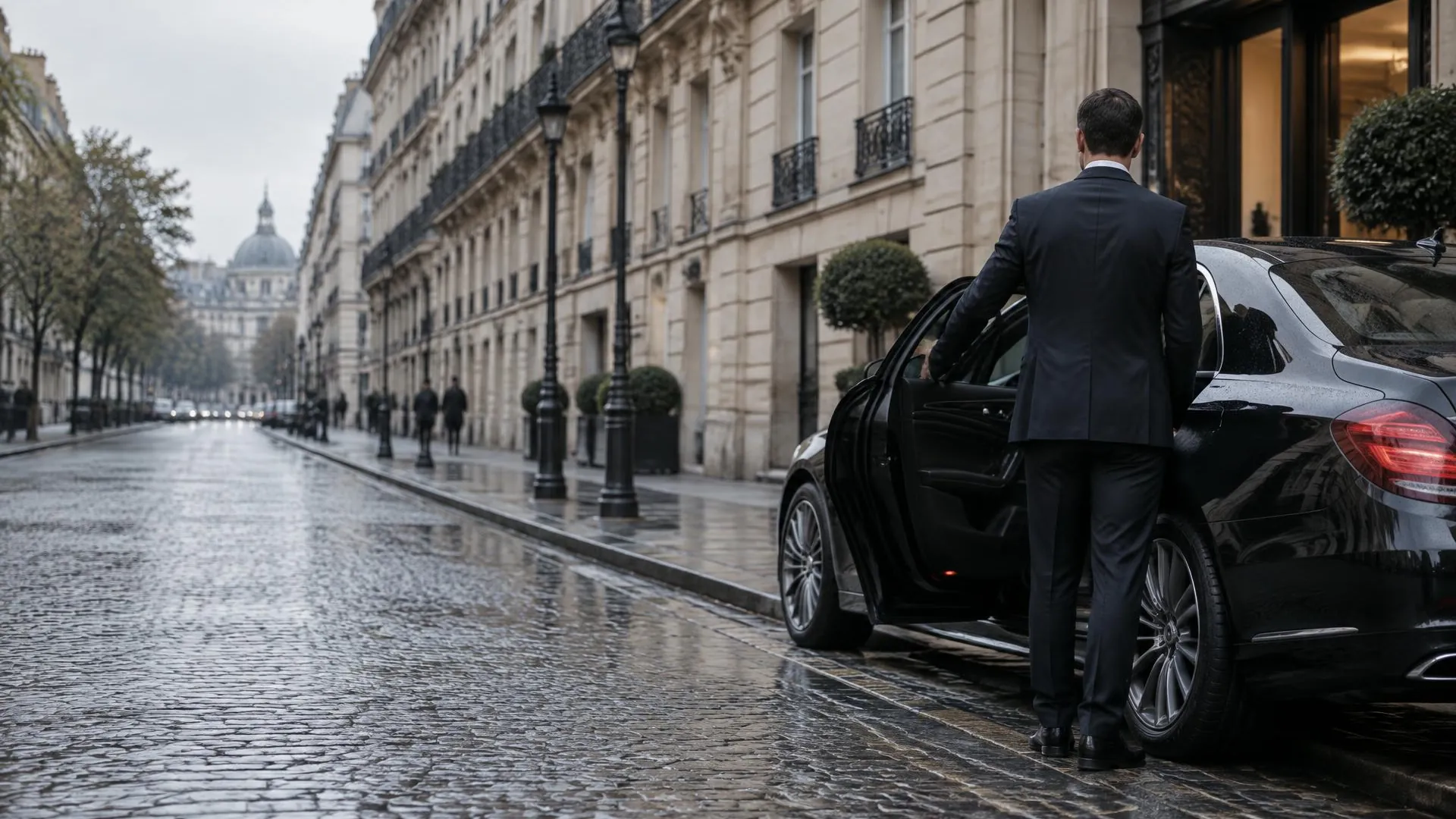 Chauffeur ouvrant la portière d'une berline devant un hôtel