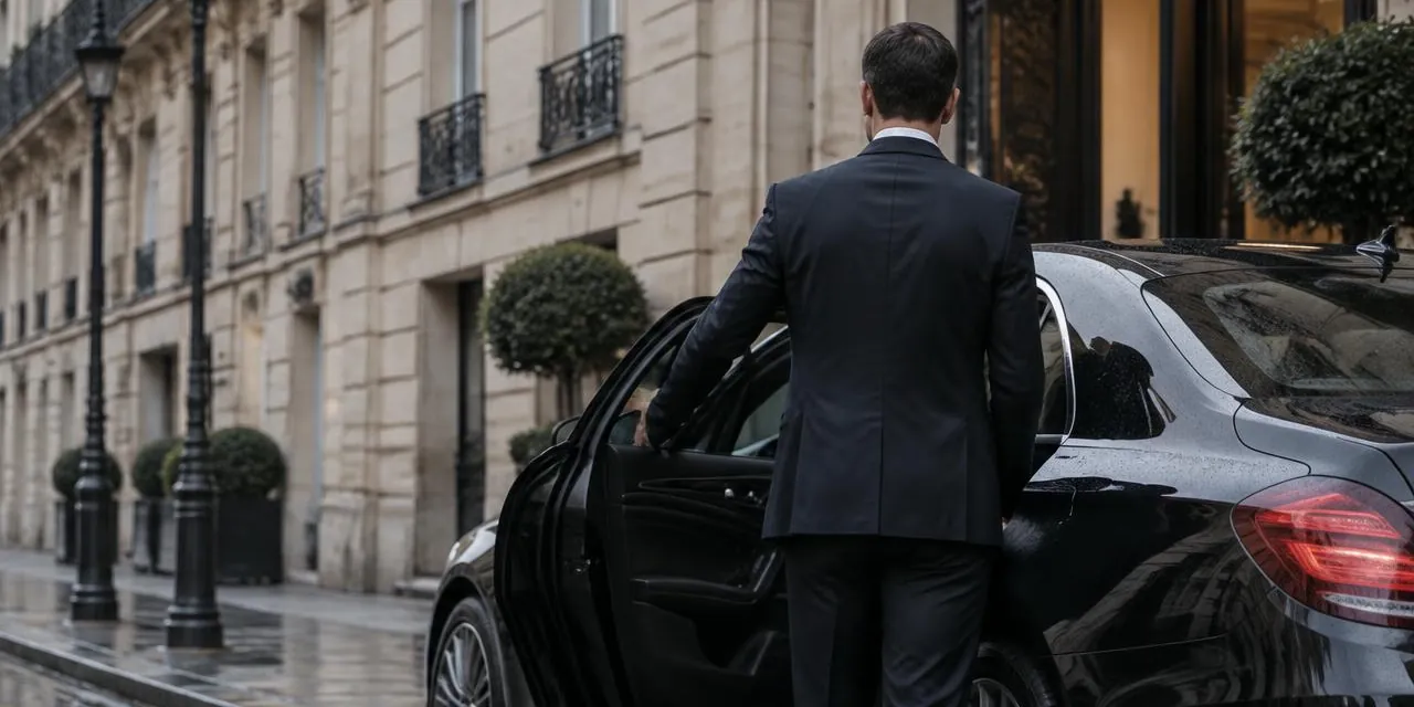 Blackmile private chauffeur holding the door of a black sedan outside a Paris hotel
