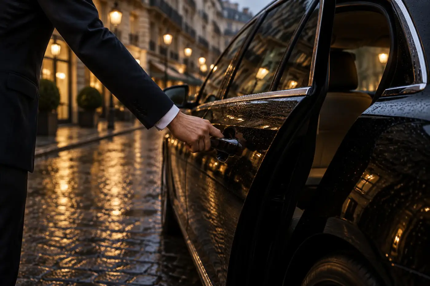 Un chauffeur ouvre la portière arrière d'une berline noire, rue pavée sous la pluie