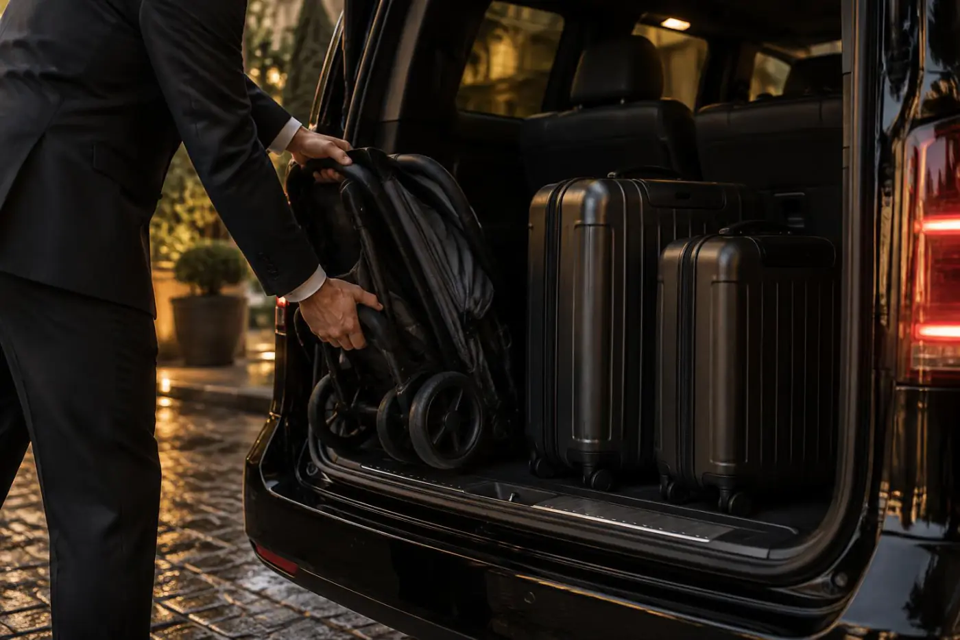 Un chauffeur range une poussette pliée et deux valises dans le coffre d'un van