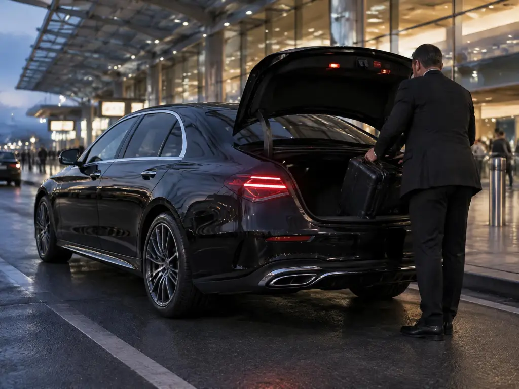 Chauffeur rangeant une valise dans le coffre d'une Mercedes Classe E devant un terminal d'aéroport