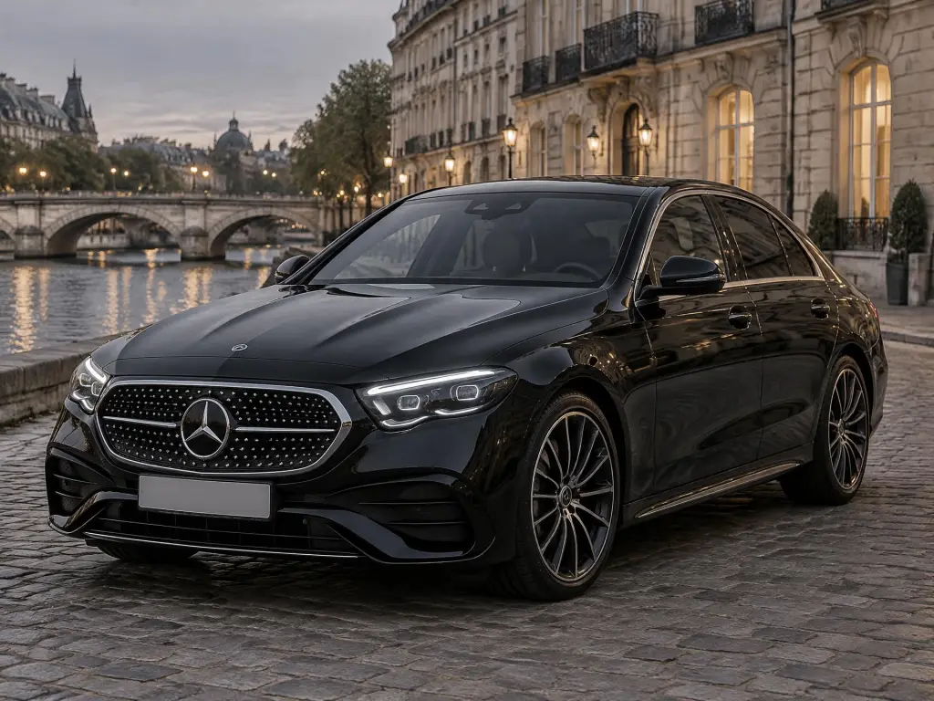 Berline Mercedes Classe E noire garée sur un quai pavé