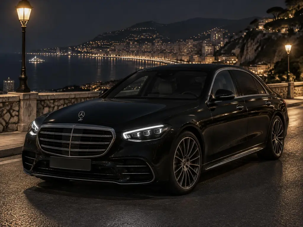 Mercedes Classe S noire sur une corniche la nuit, la baie illuminée en contrebas