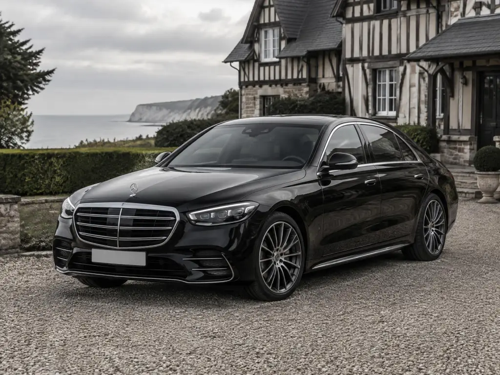 Mercedes Classe S noire devant une villa normande à colombages, la mer en arrière-plan