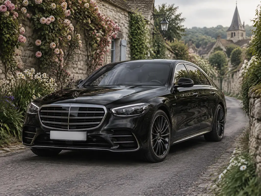 Mercedes Classe S noire dans une ruelle de village fleurie
