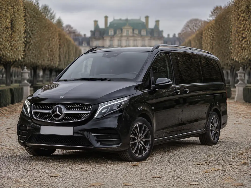 Van Mercedes Classe V noir dans l'allée d'un château