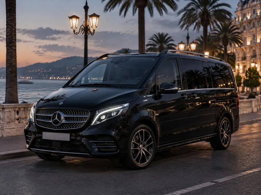 Van Mercedes Classe V noir sur un boulevard de bord de mer bordé de palmiers, à la tombée du jour