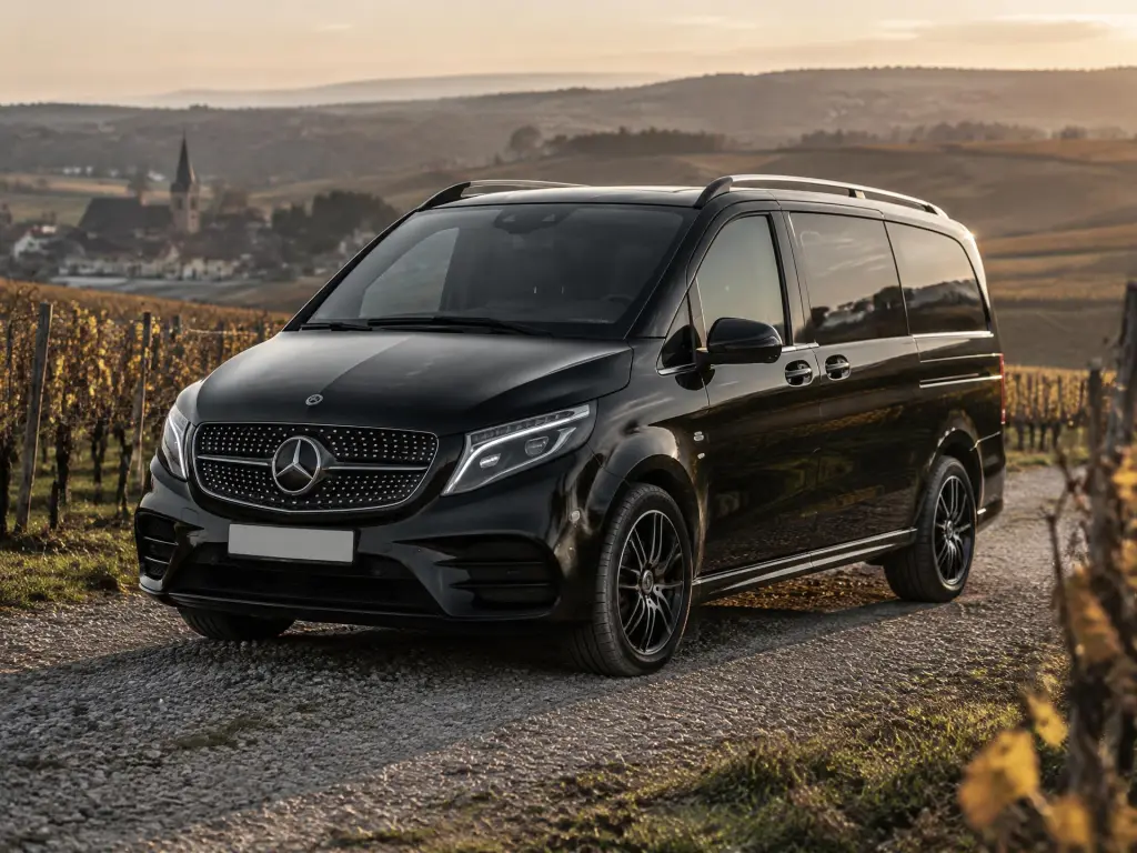 Van Mercedes Classe V noir sur un chemin entre les vignes, un village au loin