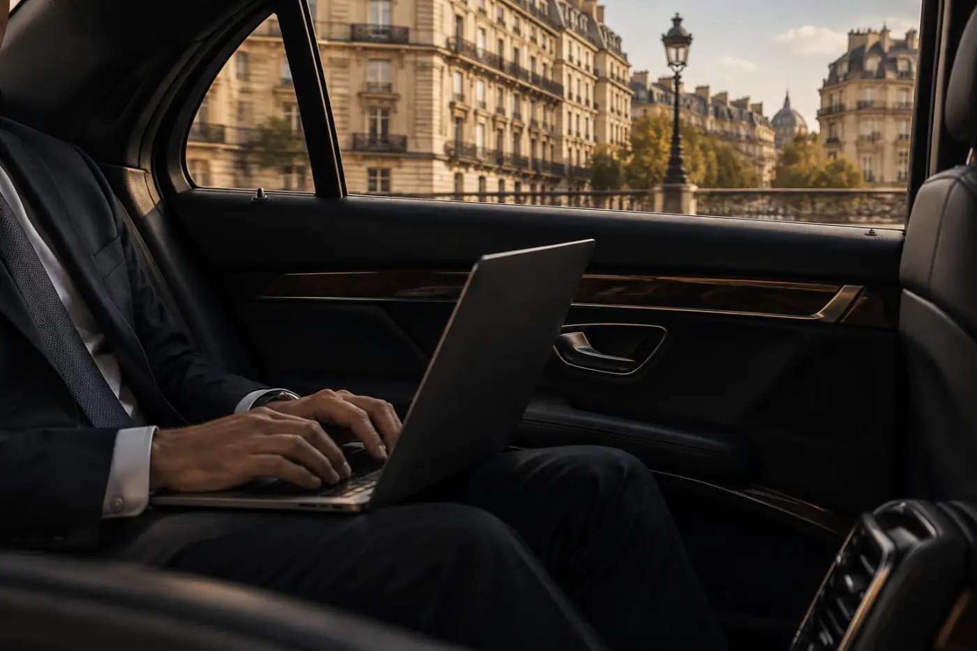 A passenger in a suit working on a laptop in the back of a sedan