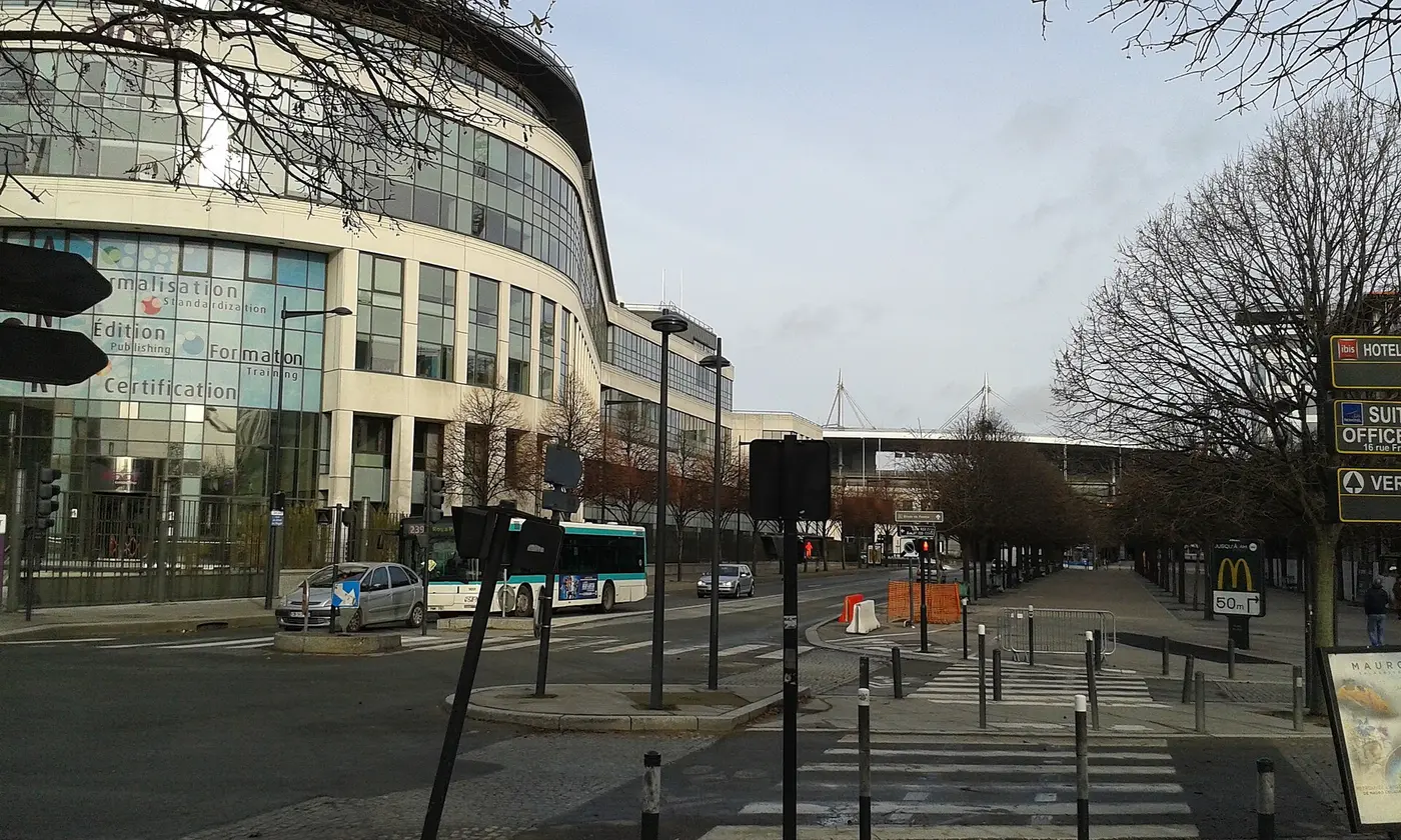 Avenue du Stade de France in Saint-Denis, access road with the stadium visible in the background.